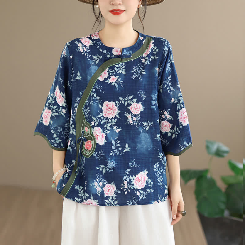 Buddha Stones Zomerse casual Tang-stijl Overhemden met kikkerknopen, roze pioenrozenprint en mouwen Mouw tot de elleboog. - image 1