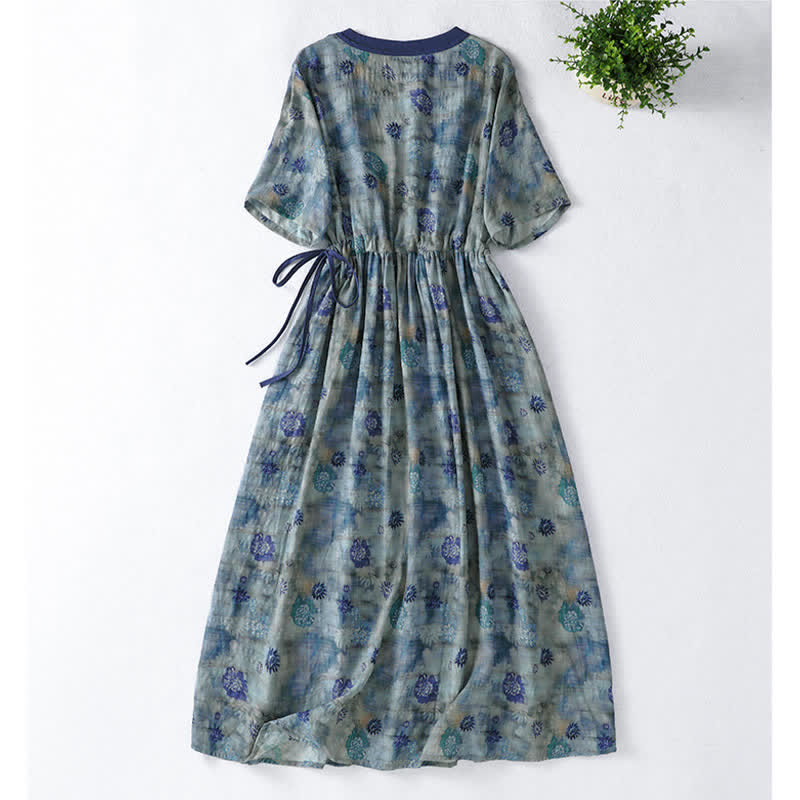 Buddha Stones Vintage zomerjurk met trekkoord, bloemenprint, V-hals, Korte mouw en zakje voor dames - image 1