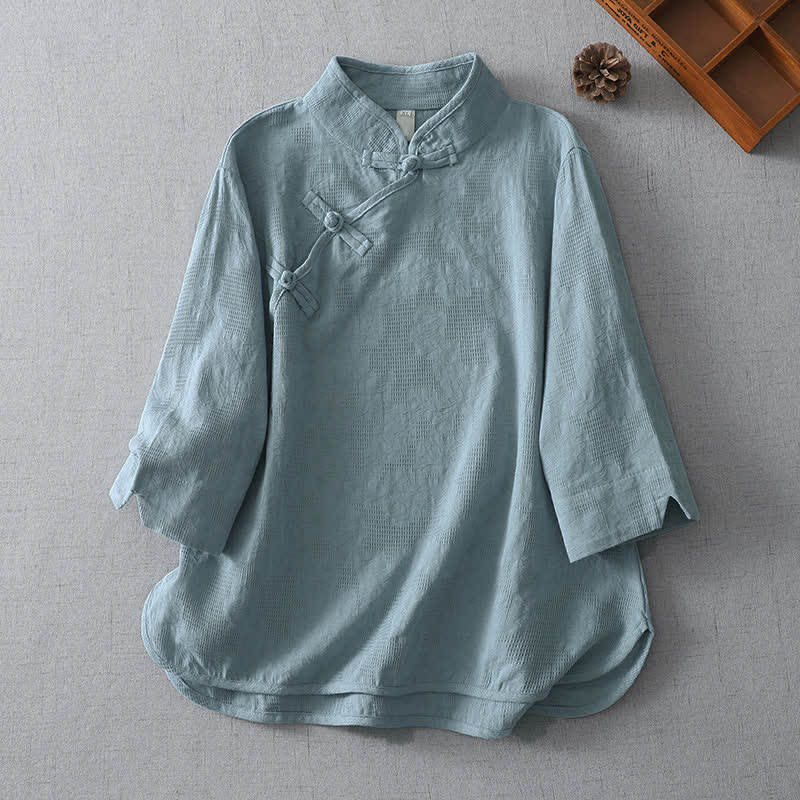 Buddha Stones Zomerse Tang-stijl casual Overhemden met Mandarin kraag en Mouw tot de elleboog. - Lichtstaalblauw - US12, UK/AU16, EU44 (3XL) - image 0