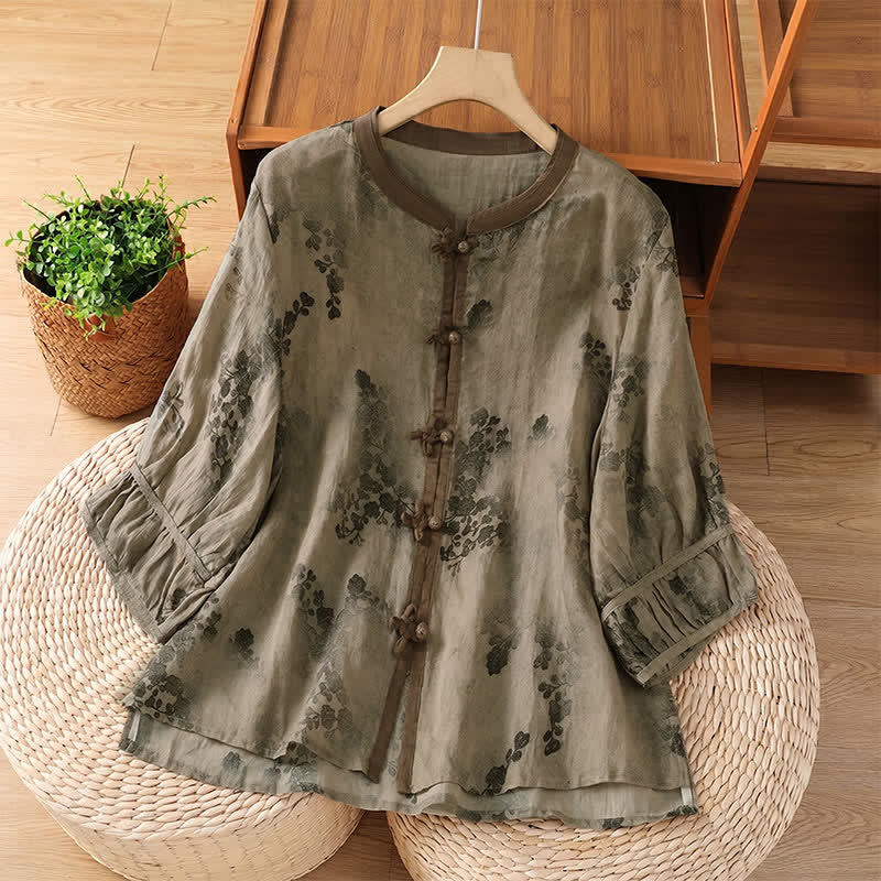 Buddha Stones Vintage zomerse Tang-stijl Overhemden met Mandarin kraag en bloemenmotief, Korte mouw . - Bruinen - US8-10, UK/AU12-14, EU40-42 (2XL) - image 0