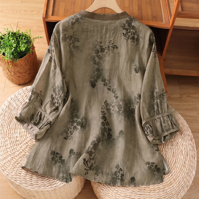 Buddha Stones Vintage zomerse Tang-stijl Overhemden met Mandarin kraag en bloemenmotief, Korte mouw . - image 1