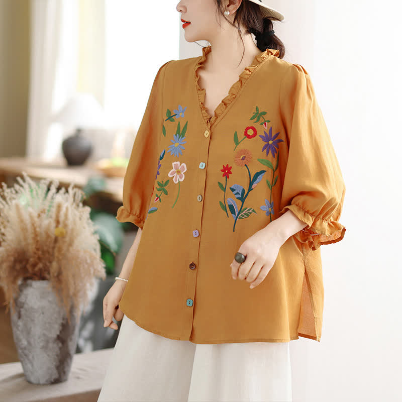 Buddha Stones Zomerse casual vintage damesblouse met kleurrijke bloemenprint , ruches en V-hals , Driekwart mouw - image 1