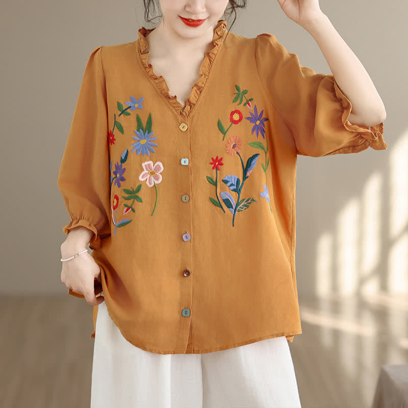 Buddha Stones Zomerse casual vintage damesblouse met kleurrijke bloemenprint , ruches en V-hals , Driekwart mouw - Donkergoudenroede - US8-10, UK/AU12-14, EU40-42 (2XL) - image 0
