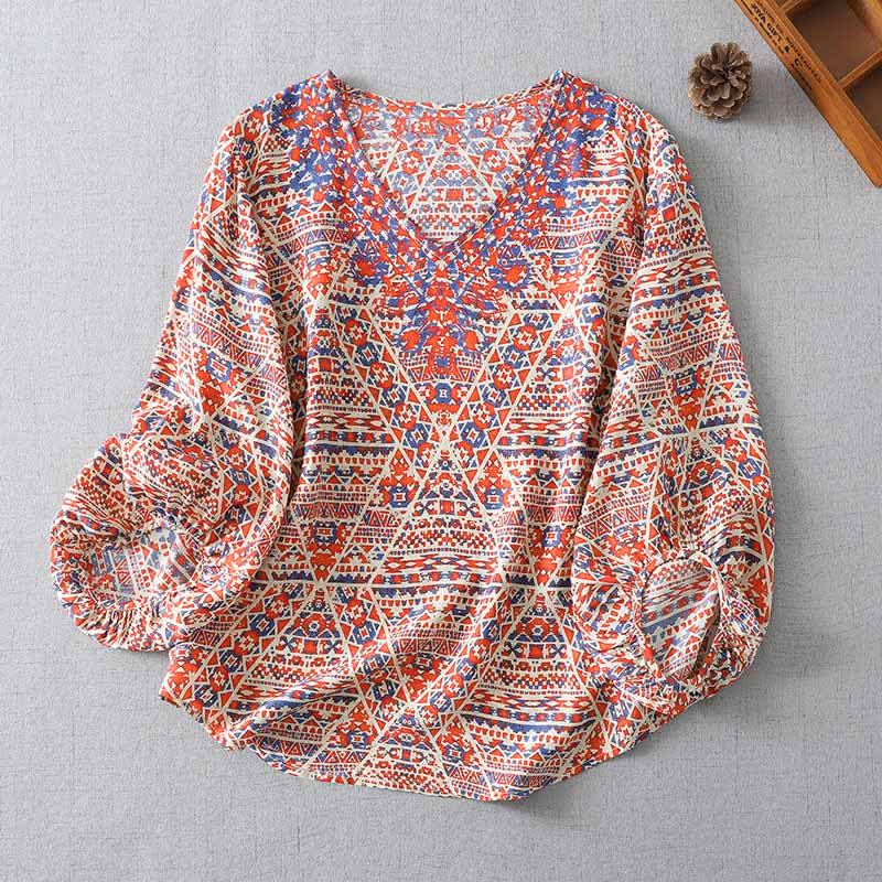 Buddha Stones Zomerse boho vintage rode geometrische V-hals T-shirt met Lange mouw voor dames - Zalm - US8-10, UK/AU12-14, EU40-42 (2XL) - image 0