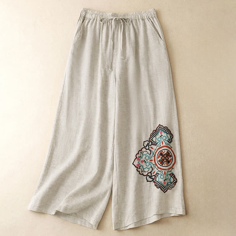 Buddha Stones Zomerse casual capri broek met bloemenborduursel voor dames, wijde pijpen en zakken. - Linnen - US8-10, UK/AU12-14, EU40-42 (2XL) - image 0