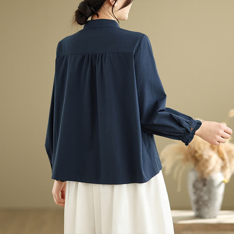 Buddha Stones Zomerse casual vintage Overhemden met knoopsluiting en Lange mouw, effen kleur - image 1