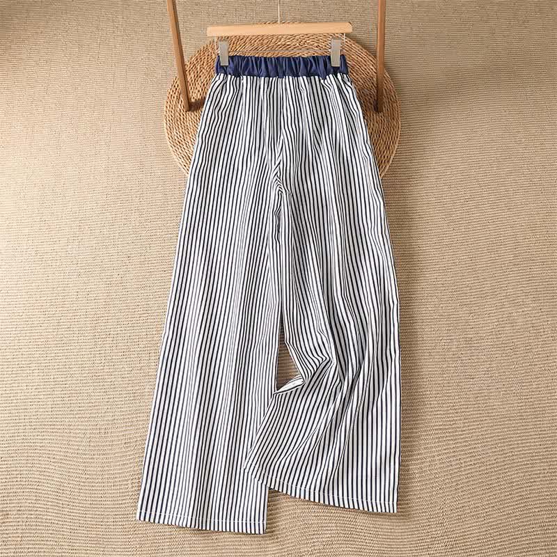 Buddha Stones Zomerse casual gestreepte Lang broek met trekkoord voor dames, wijde pijpen en zakken - image 1