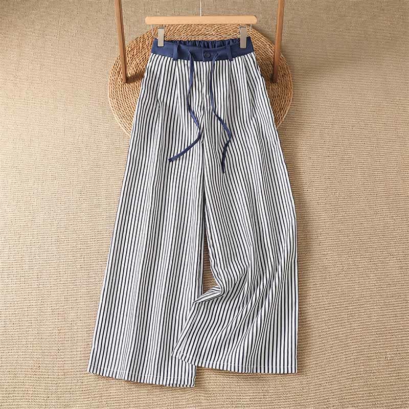 Buddha Stones Zomerse casual gestreepte Lang broek met trekkoord voor dames, wijde pijpen en zakken - Donkerblauw - US8-10, UK/AU12-14, EU40-42 (2XL) - image 0