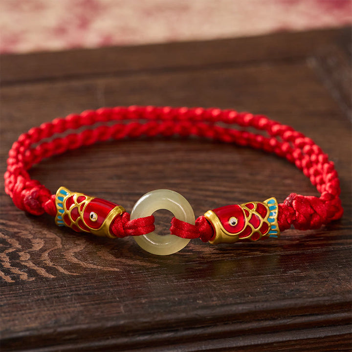 Buddha Stones Hetian Jade Vredesgesp Dubbele Koi Vis Rode Koord Armband - Natuurlijke jade (kleur kan variëren) - image 0