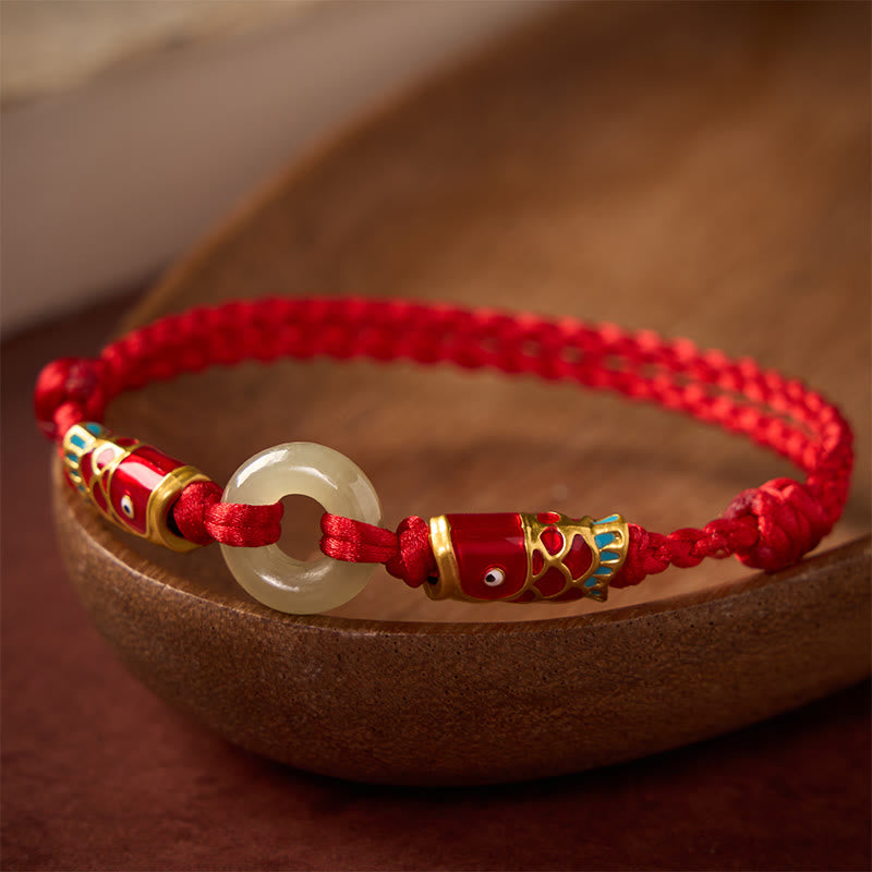 Buddha Stones Hetian Jade Vredesgesp Dubbele Koi Vis Rode Koord Armband - image 2