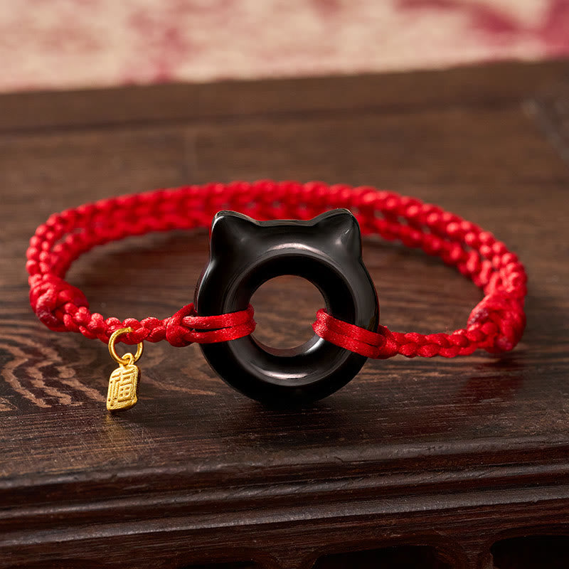 Buddha Stones Zwarte obsidiaan kattenontwerp vredesgesp Fu-karakter rode koord bescherming gevlochten Armband - Zwarte obsidiaan (Polsomtrek 17-18 cm) - image 0