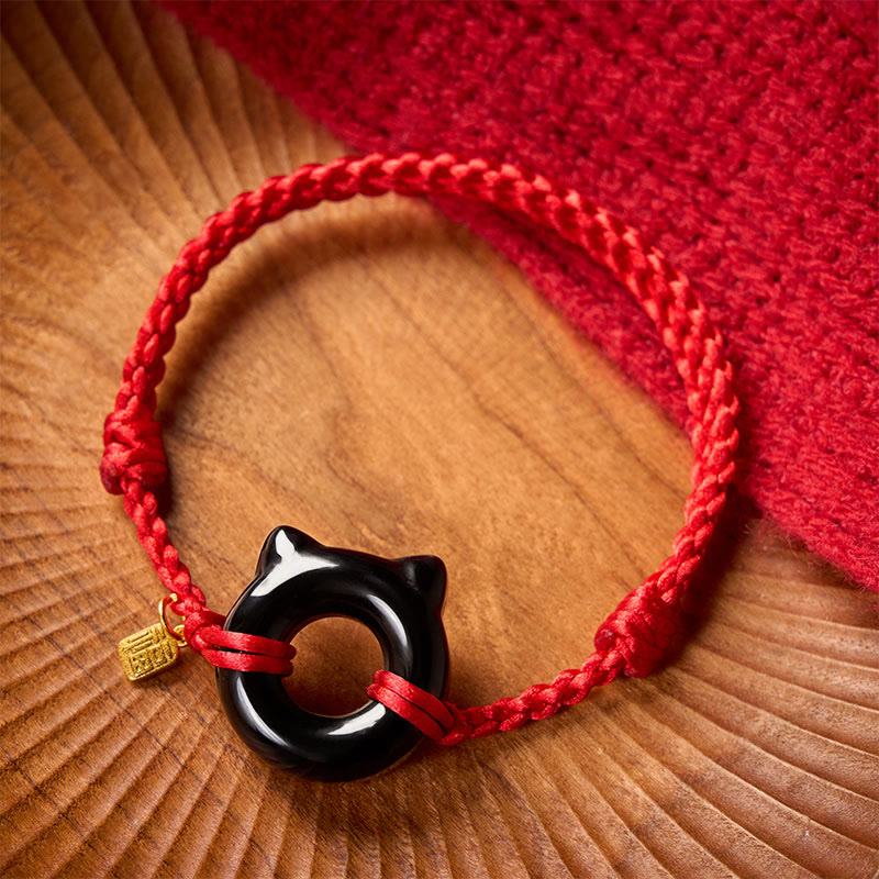 Buddha Stones Zwarte obsidiaan kattenontwerp vredesgesp Fu-karakter rode koord bescherming gevlochten Armband - image 1