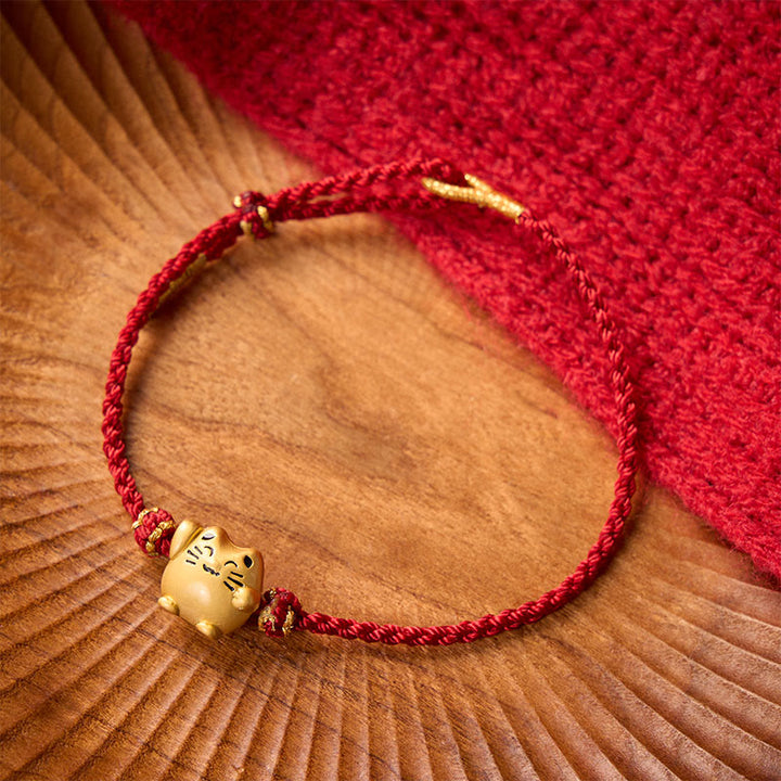Buddha Stones Rode koord koperen gelukskat Armband - image 1