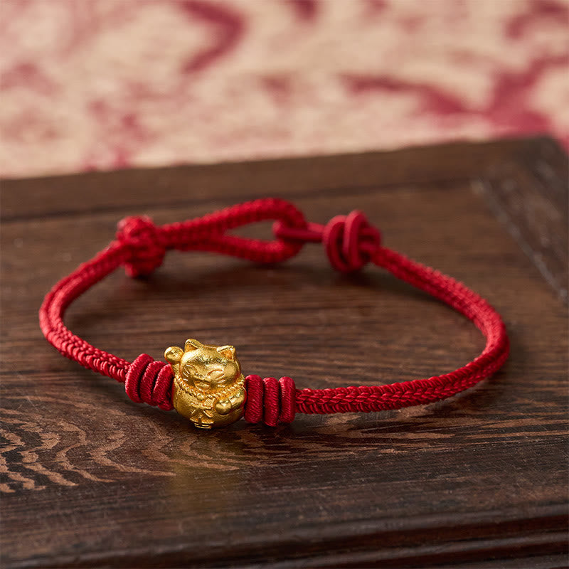 Buddha Stones Handgeweven rode koord koperen gelukskat Armband , verstelbaar - Donkerrood - 6,7–7,5 inch / 17–19 cm - image 0