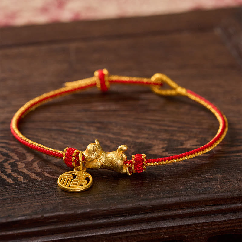 Buddha Stones Handgeweven Armband met afbeelding van een liggende kat (Cat Fu) en koperrood koord, symbool van voorspoed. - image 2