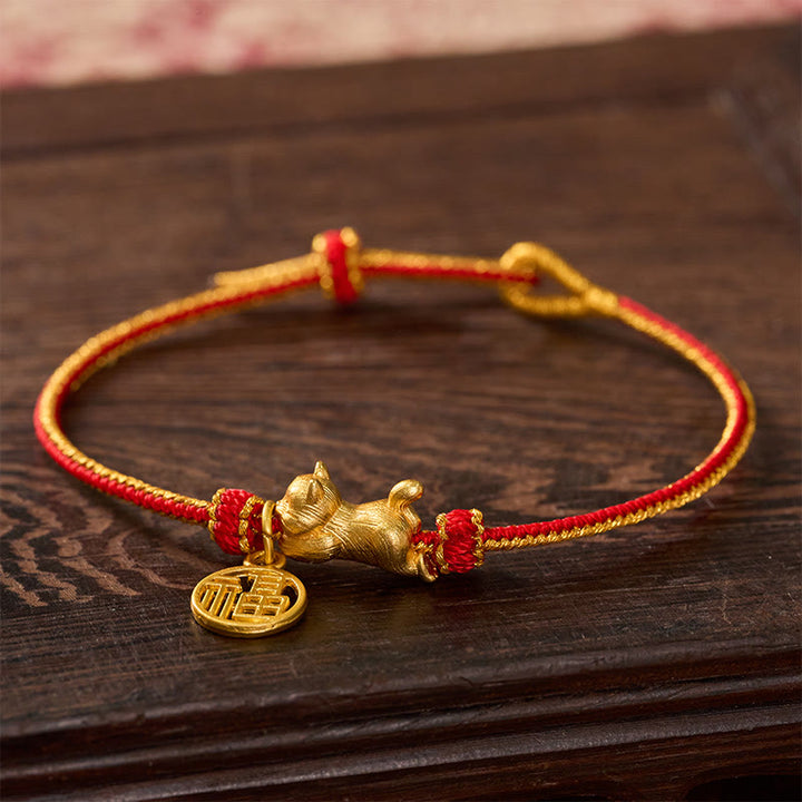 Buddha Stones Handgeweven Armband met afbeelding van een liggende kat (Cat Fu) en koperrood koord, symbool van voorspoed. - image 2