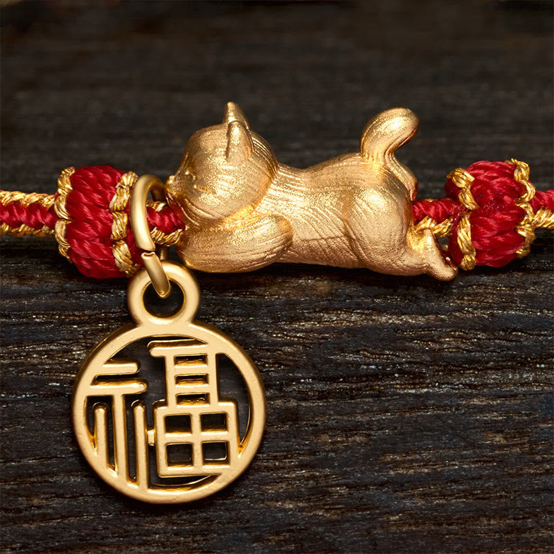 Buddha Stones Handgeweven Armband met afbeelding van een liggende kat (Cat Fu) en koperrood koord, symbool van voorspoed. - image 5