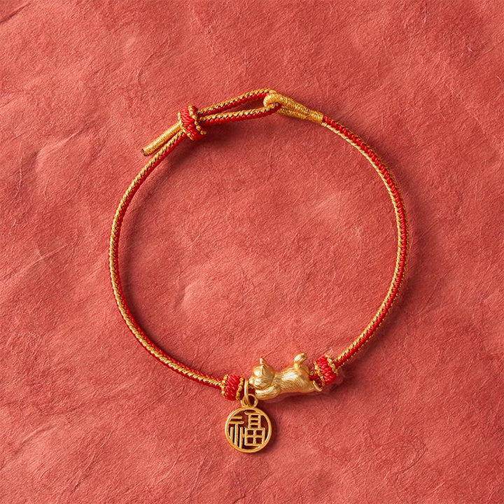 Buddha Stones Handgeweven Armband met afbeelding van een liggende kat (Cat Fu) en koperrood koord, symbool van voorspoed. - image 3