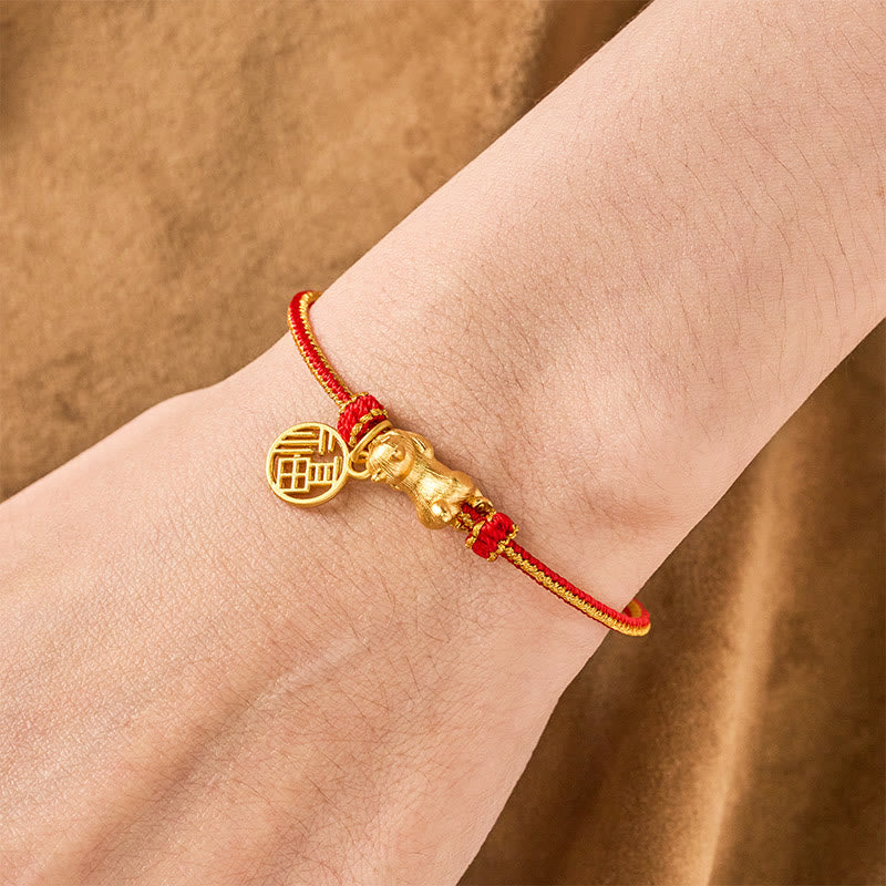 Buddha Stones Handgeweven Armband met afbeelding van een liggende kat (Cat Fu) en koperrood koord, symbool van voorspoed. - image 4