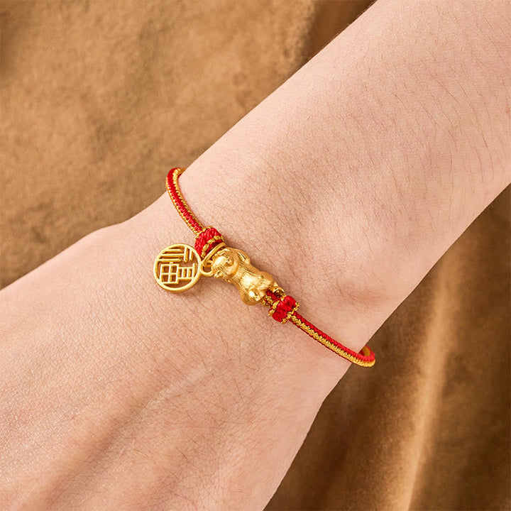 Buddha Stones Handgeweven Armband met afbeelding van een liggende kat (Cat Fu) en koperrood koord, symbool van voorspoed. - image 4