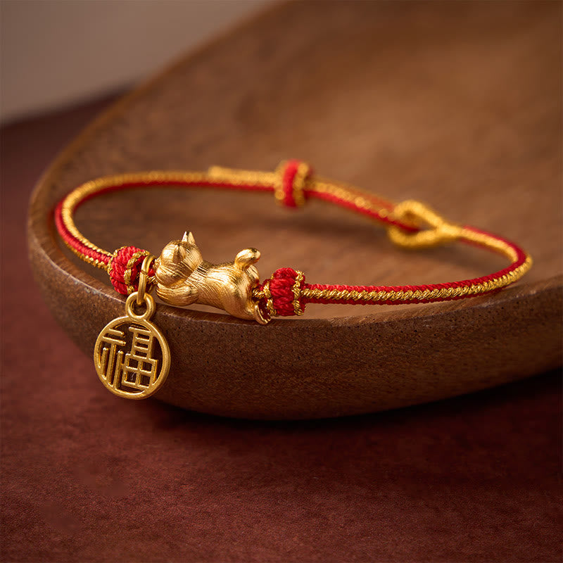 Buddha Stones Handgeweven Armband met afbeelding van een liggende kat (Cat Fu) en koperrood koord, symbool van voorspoed. - image 1