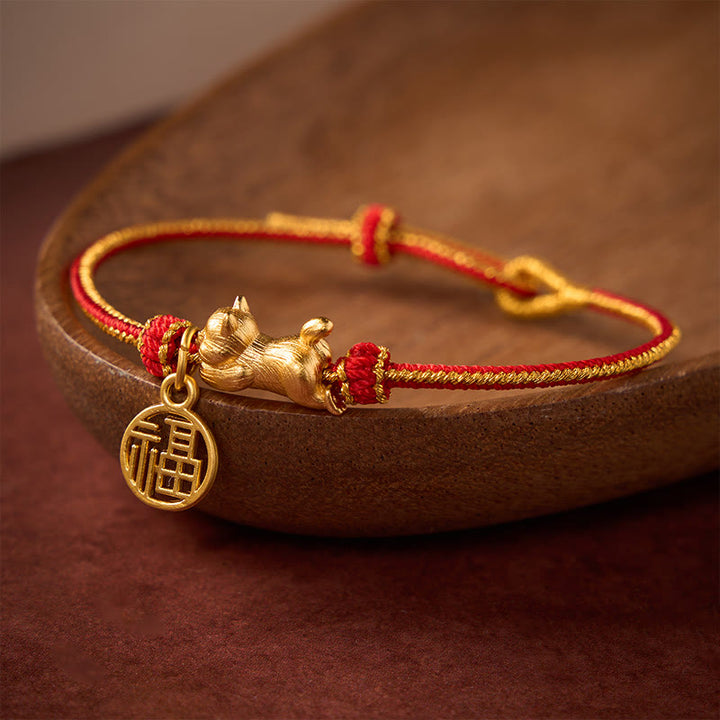 Buddha Stones Handgeweven Armband met afbeelding van een liggende kat (Cat Fu) en koperrood koord, symbool van voorspoed. - image 1