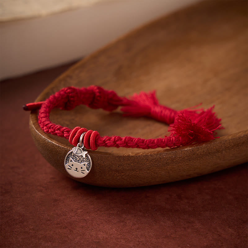 Buddha Stones 925 Sterling Zilveren Schattige Katvis Bescherming Tibetaanse Rode Armband Verstelbare Armband - Donkerrood (Polsomtrek 14-17 cm) - image 0