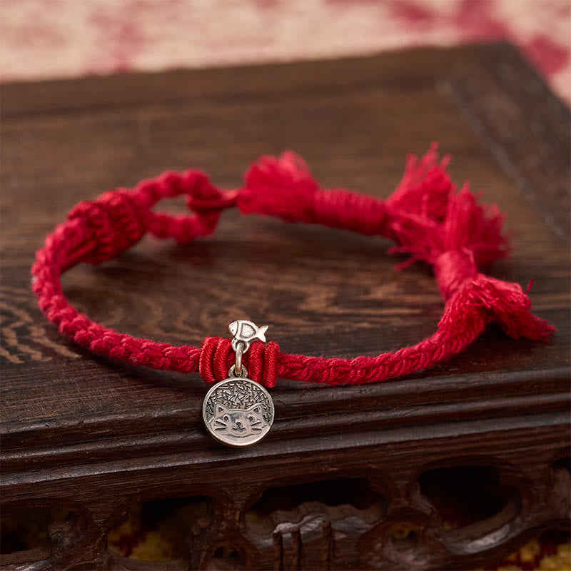 Buddha Stones 925 Sterling Zilveren Schattige Katvis Bescherming Tibetaanse Rode Armband Verstelbare Armband - image 1