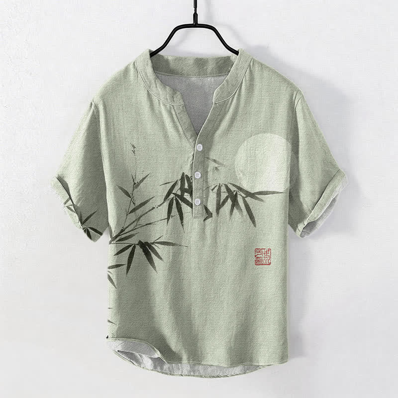 Buddha Stones Katoenen herenoverhemd met bamboe maanpatroon , Korte mouw en halve knoopsluiting. - Lichtgroen - US/UK/AU50, EU60 (5XL) - image 0
