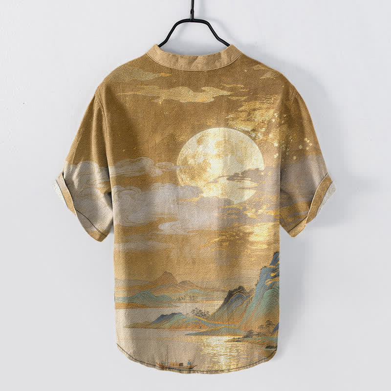 Buddha Stones Katoenen herenoverhemd met maan-, wolken- en bergpatroon , Korte mouw en halve knoopsluiting. - image 1