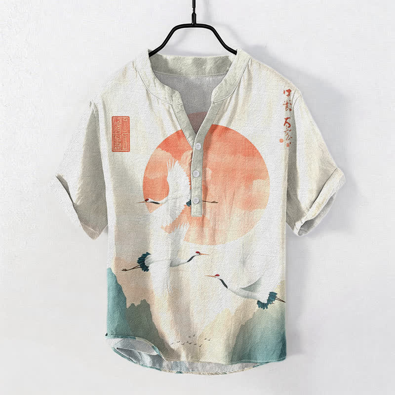 Buddha Stones Katoenen herenoverhemd met rode zon en vliegende kraanvogelprint , Korte mouw en halve knoopsluiting. - Linnen - US/UK/AU50, EU60 (5XL) - image 0