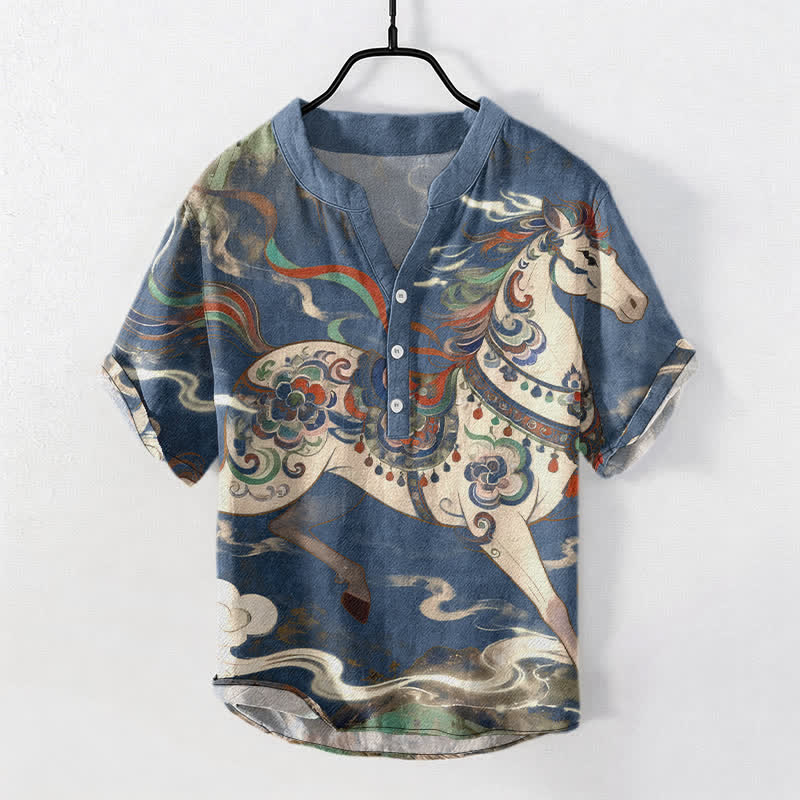 Buddha Stones Katoenen herenoverhemd met sierlijk patroon van rennende paarden, Korte mouw en halve knoopsluiting. - Staalblauw - US/UK/AU50, EU60 (5XL) - image 0