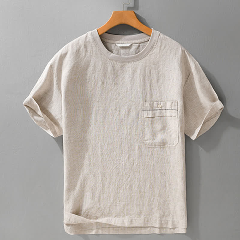 Buddha Stones Zomerse, casual, minimalistische, effen heren T-shirts met Korte mouw en opgestikte zak - image 1