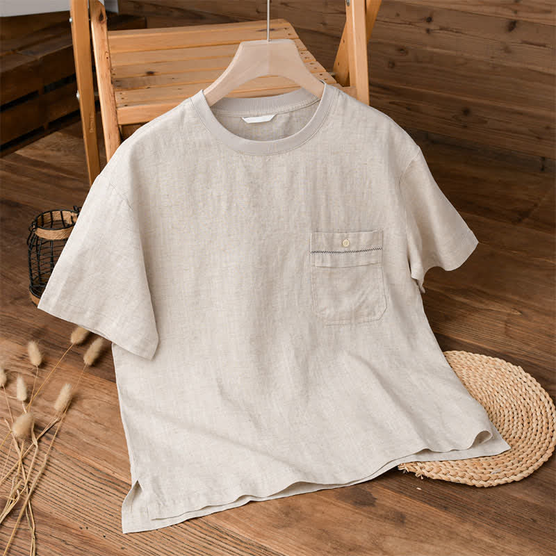 Buddha Stones Zomerse, casual, minimalistische, effen heren T-shirts met Korte mouw en opgestikte zak - Linnen - US/UK/AU42, EU52 (3XL) - image 0