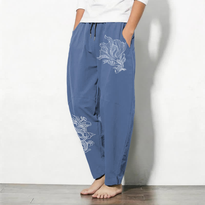 Buddha Stones Getailleerde herenbroek van 100% Cotton met koi-draakpatroon, trekkoord en Zakken. - image 1