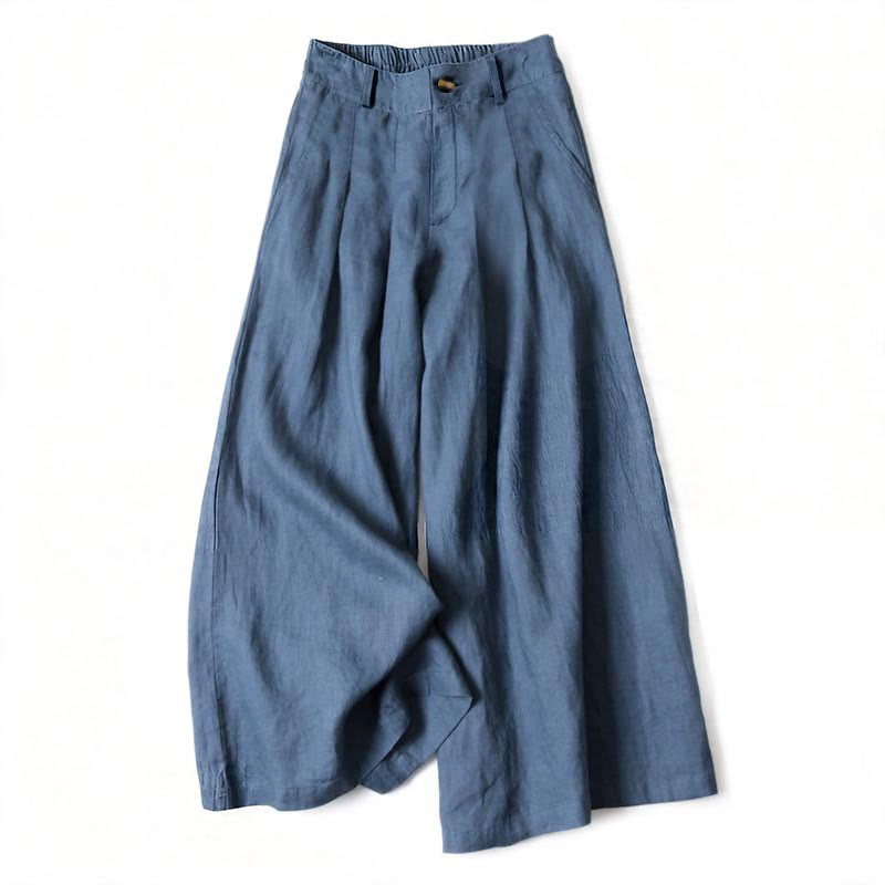 Buddha Stones Elegante zomerbroek van effen katoen-linnen met elastische Taille , knoopsluiting en ritssluiting, Lang broek met wijde pijpen en Zakken voor dames. - Staalblauw - US16, UK/AU20, EU48 (3XL) - image 0