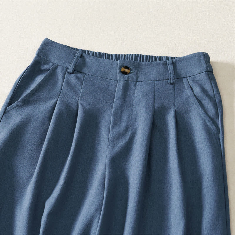 Buddha Stones Elegante zomerbroek van effen katoen-linnen met elastische Taille , knoopsluiting en ritssluiting, Lang broek met wijde pijpen en Zakken voor dames. - image 1
