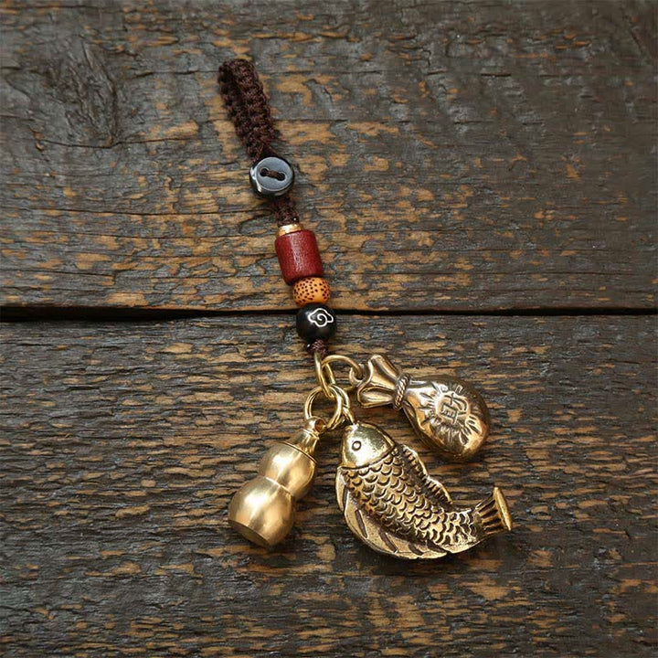Buddha Stones Messing Koi Vis Kalebas Vijf Keizer Munten Rijkdom Gevlochten Sleutelhangers - Geldzak Kalebas - image 13