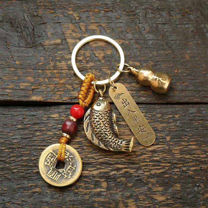 Buddha Stones Messing Koi Vis Kalebas Vijf Keizer Munten Rijkdom Gevlochten Sleutelhangers - Gele touwmunten kalebas - image 14