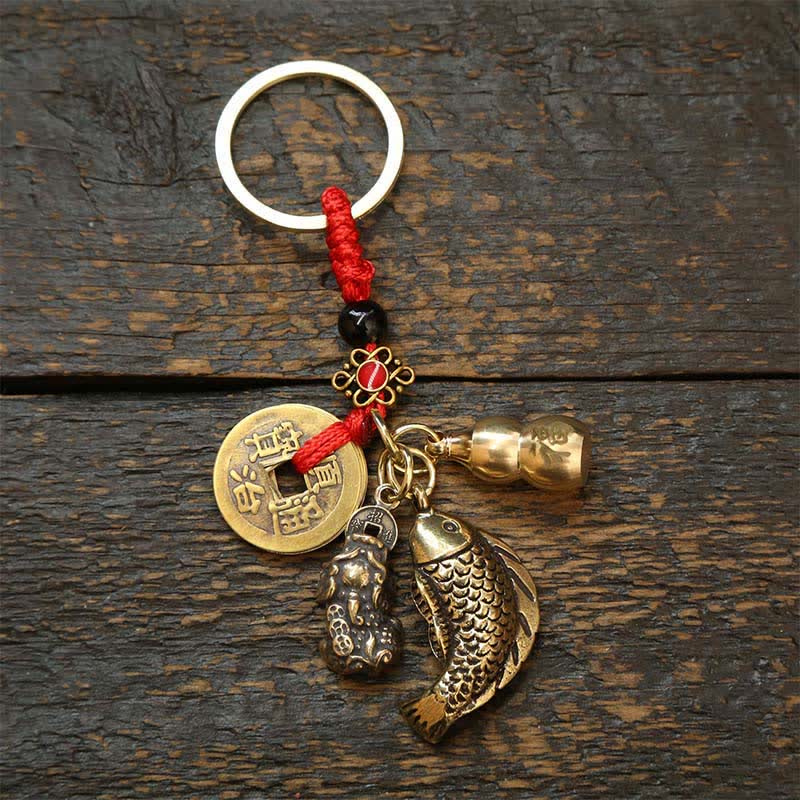 Buddha Stones Messing Koi Vis Kalebas Vijf Keizer Munten Rijkdom Gevlochten Sleutelhangers - Rode touwmunten Pi Xiu kalebas - image 3