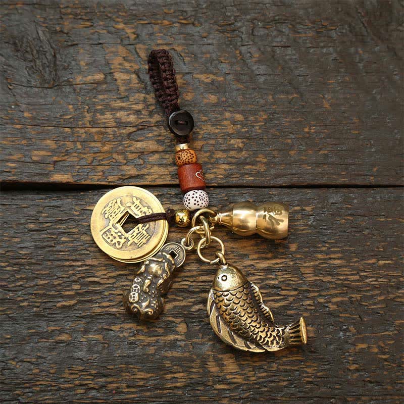 Buddha Stones Messing Koi Vis Kalebas Vijf Keizer Munten Rijkdom Gevlochten Sleutelhangers - Munten Pi Xiu Kalebas - image 0
