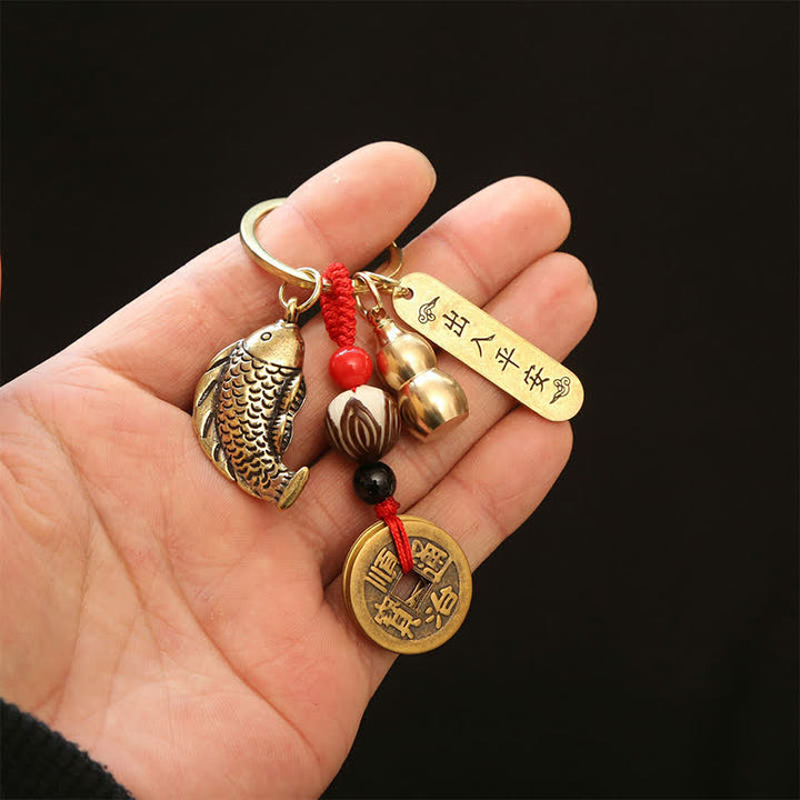 Buddha Stones Messing Koi Vis Kalebas Vijf Keizer Munten Rijkdom Gevlochten Sleutelhangers - image 12