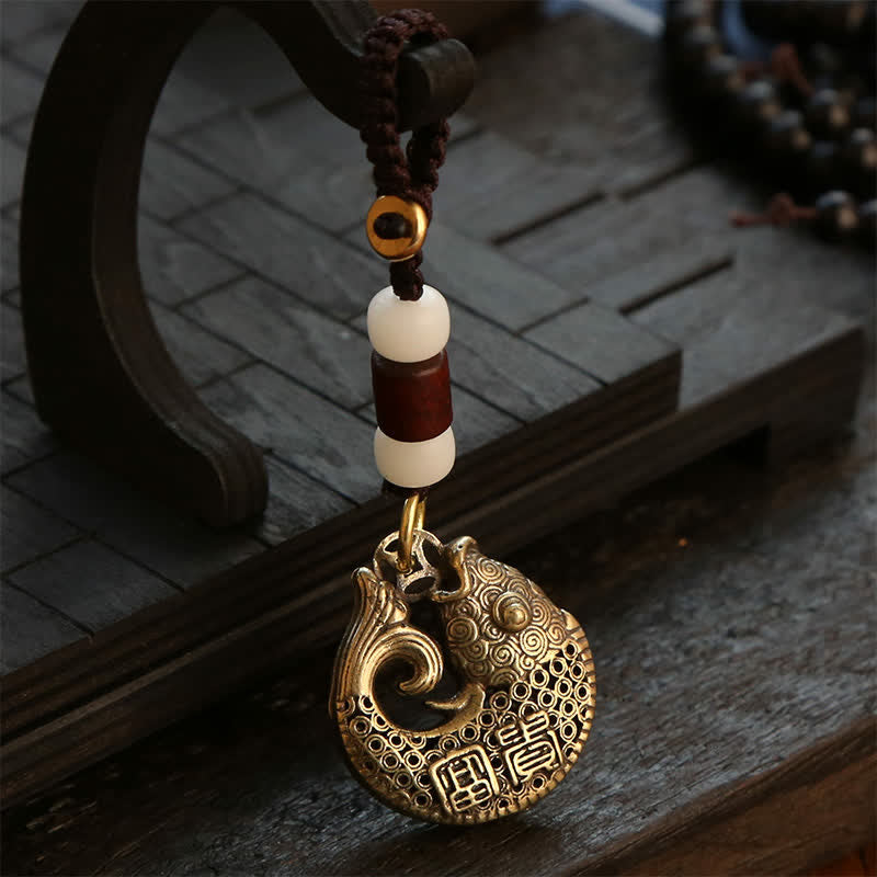 Buddha Stones Messing Koi Vis Succes Gevlochten Ronde Sleutelhangers - Witte kralenketting - image 0