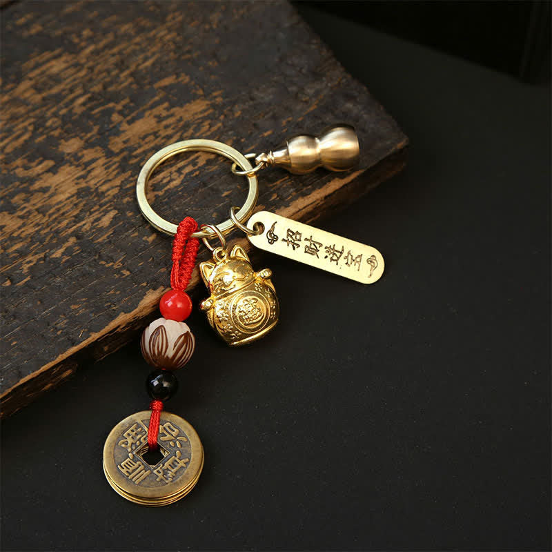 Buddha Stones Koperen gelukskat Chinese munt kalebas Pi Xiu gevlochten Sleutelhangers - Bodhizaadpompoenmunten - image 10