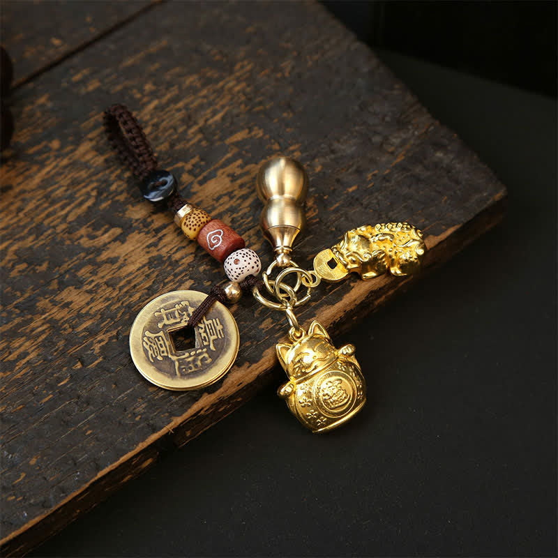 Buddha Stones Koperen gelukskat Chinese munt kalebas Pi Xiu gevlochten Sleutelhangers - Pi Xiu Kalebasmunten - image 0