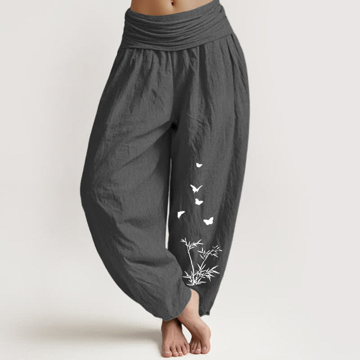 Buddha Stones Harembroek voor dames met elastische Taille en vlinder- en bamboebladpatroon , 100% Cotton. - Donkergrijs - US16, UK/AU20, EU48 (3XL) - image 5