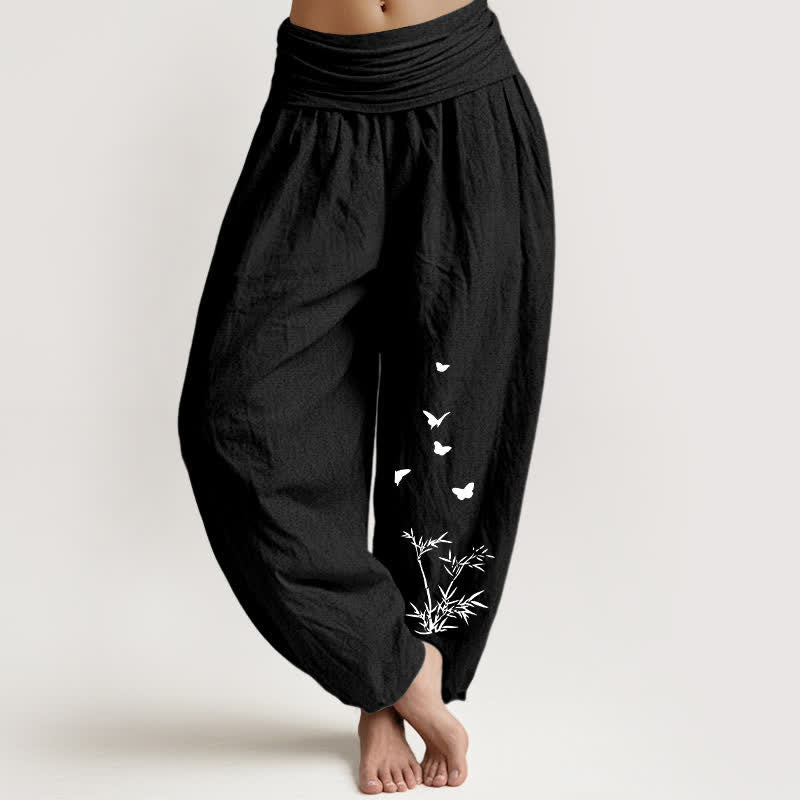 Buddha Stones Harembroek voor dames met elastische Taille en vlinder- en bamboebladpatroon , 100% Cotton. - Zwart - US16, UK/AU20, EU48 (3XL) - image 11