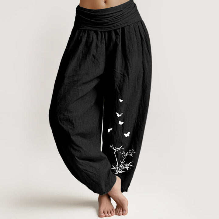 Buddha Stones Harembroek voor dames met elastische Taille en vlinder- en bamboebladpatroon , 100% Cotton. - Zwart - US16, UK/AU20, EU48 (3XL) - image 11