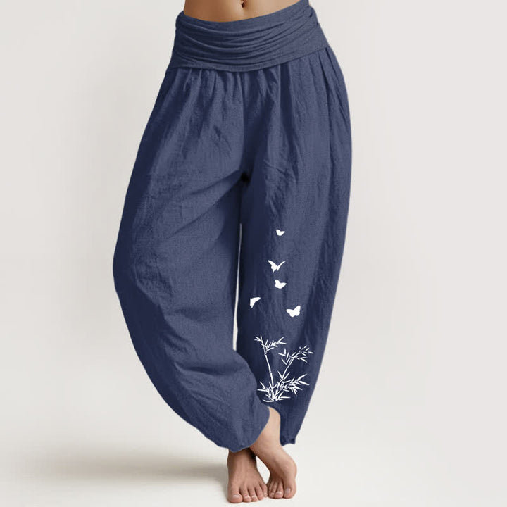 Buddha Stones Harembroek voor dames met elastische Taille en vlinder- en bamboebladpatroon , 100% Cotton. - Donker leisteenblauw - US16, UK/AU20, EU48 (3XL) - image 0