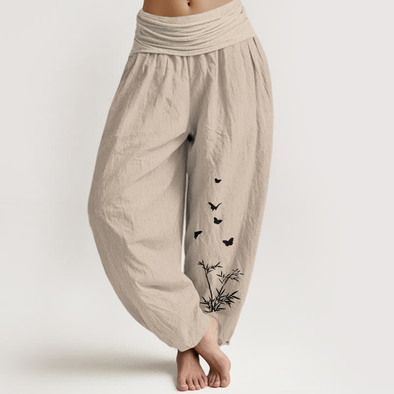 Buddha Stones Harembroek voor dames met elastische Taille en vlinder- en bamboebladpatroon , 100% Cotton. - Bruinen - US16, UK/AU20, EU48 (3XL) - image 14